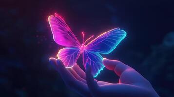 An illuminated butterfly rests on the open palm of a hand photo