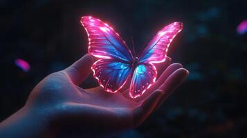 A glowing butterfly is gently held within a human hand photo