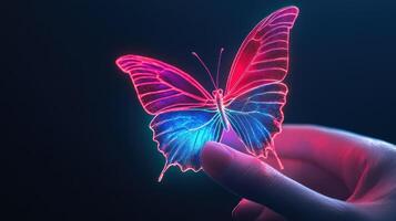 A glowing digital butterfly rests delicately on a human finger photo
