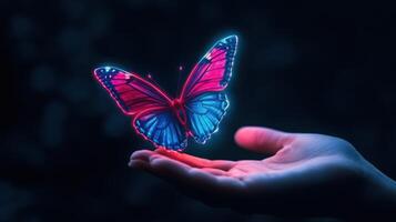 A vibrant neon colored butterfly gently rests on a human hand photo