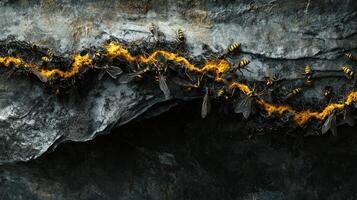 Several winged insects interacting with some colorful organic structure photo