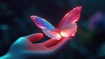 A luminescent butterfly gently rests upon a human hand carefully photo