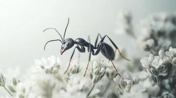 A black ant gracefully traverses a field of delicate white flowers photo