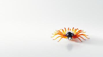 An artistic glass spider is posed on a smooth white surface photo