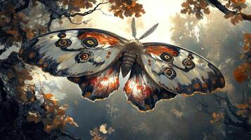 A detailed painting of a large moth in a forest setting photo