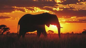 An African elephant silhouette walks through the savanna at sunset time photo