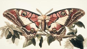A detailed illustration of a vibrant moth on a branch photo