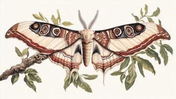 An artistic depiction of a large moth on a leafy branch photo