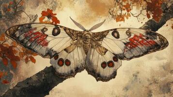 An artistic depiction of a large moth displayed on a branch photo