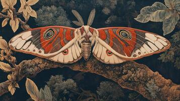 A beautifully detailed moth rests gracefully on a dark tree branch photo