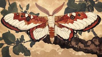 A detailed artistic rendering depicting a vibrant moth on a branch photo