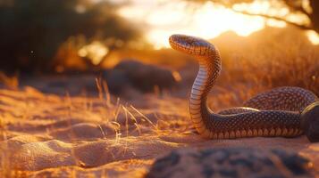 A snake sits in the sand illuminated by the sunlight photo