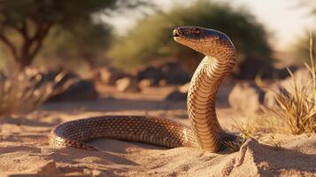 A cobra snake stands erect in a sunlit desert environment photo