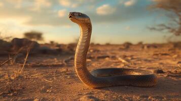 A cobra snake standing alert in a golden desert landscape photo
