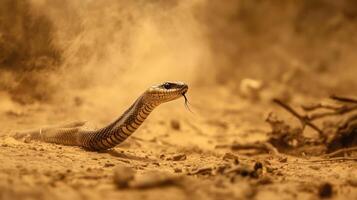 A snake with its tongue out moving across sandy terrain photo