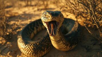A coiled snake opens its mouth ready to strike or hiss photo
