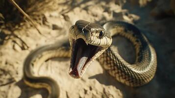A detailed image of an aggressive snake showing its mouth photo