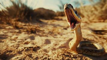 A cobra snake with its mouth wide open in a desert setting photo