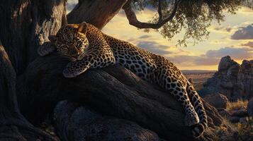 A resting leopard is peacefully sleeping upon a large tree branch photo