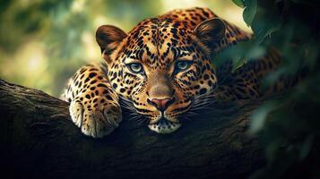 A Beautiful Leopard Rests Upon A Tree Branch In The Wilderness photo