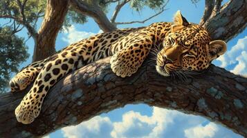 A sleeping leopard rests comfortably upon a large tree branch photo
