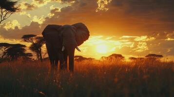 A majestic elephant standing in front of a beautiful sunset landscape photo