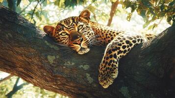 A beautiful leopard relaxing on a sturdy tree branch gracefully photo