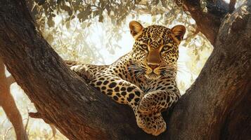 A stunning leopard rests upon a large tree branch in the daytime photo