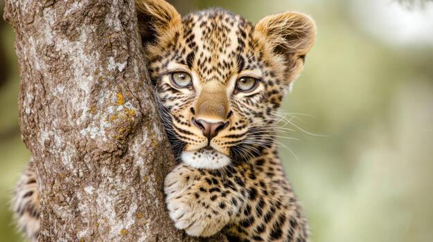 A young leopard cub rests beside a textured tree trunk photo