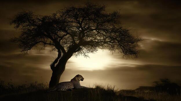 A leopard rests serenely under a large tree during sunset photo