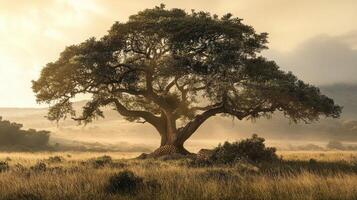A majestic tree providing shade in a golden savanna landscape photo