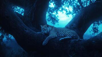 A leopard resting peacefully on a large sturdy tree branch photo