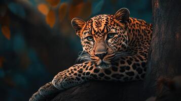 A majestic leopard gazing peacefully from a tree branch photo