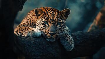 A majestic leopard rests peacefully on a sturdy tree branch photo