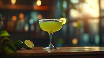 A Refreshing Green Cocktail Garnished With a Citrus Lime Slice photo