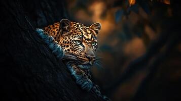 A majestic leopard lounges upon a sturdy tree branch looking ahead photo