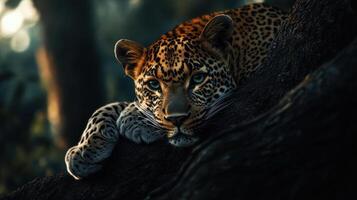 A beautiful leopard rests upon a strong and sturdy tree branch photo