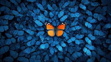A unique butterfly stands out amongst a crowd of other insects photo