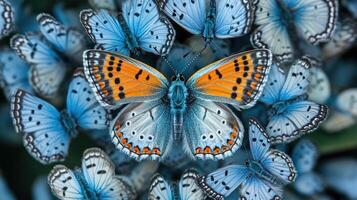 A group of colorful butterflies are tightly grouped together photo