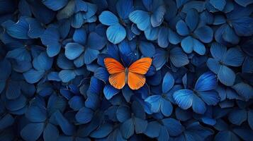 An Orange Butterfly Surrounded by Numerous Blue Butterflies photo