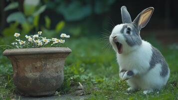 A yawning bunny stands next to a pot of daisy flowers in the garden photo