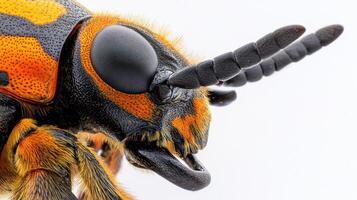 Macro shot of an insect head showcasing intricate colors and textures photo