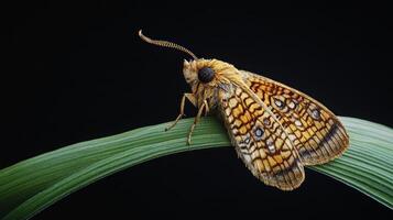 A detailed image featuring a moth perched upon a green leaf photo