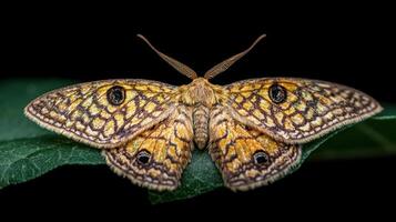 Close up photograph of a colorful moth on a green leaf photo