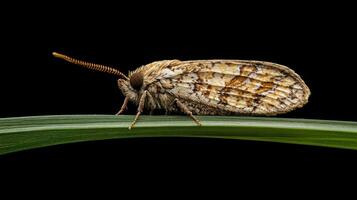 Detailed photograph showcases a moth perched on a thin green leaf photo