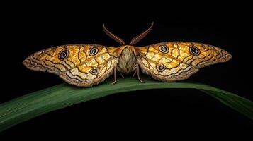 A detailed macro photograph of a moth on a green leaf photo