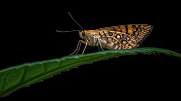 A beautiful butterfly rests on a green leaf in the shadows photo