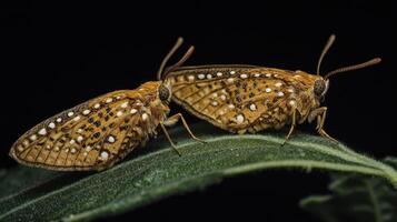 Two butterflies are perched on a leaf against a dark background photo