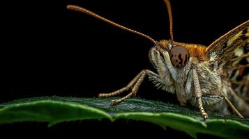 A detailed macro photograph shows a butterfly on a green leaf photo