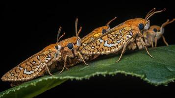 Several orange brown moths are gathered on a green leaf together photo